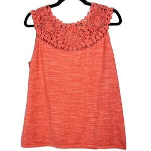 Coral Pink, Sz Medium, Slub Knit Crochet Yoke Blouse, Sleeveless, Soft, No Tags